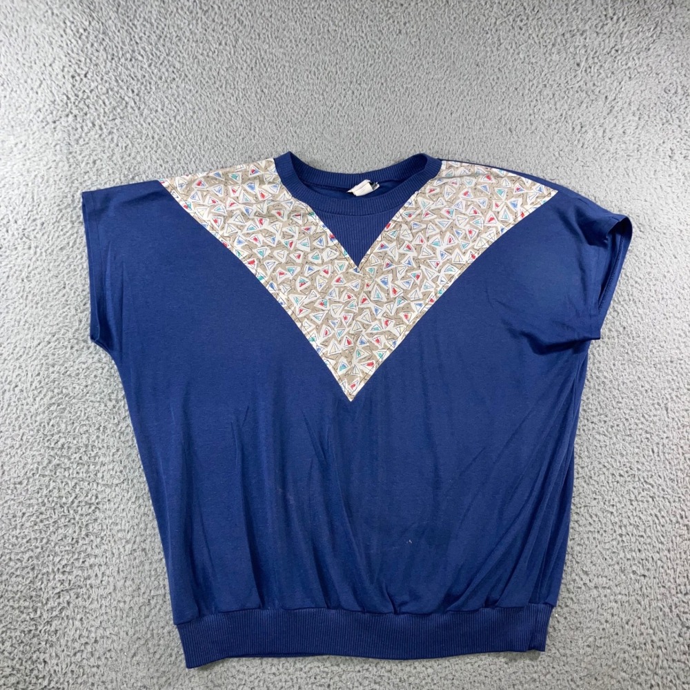 Vtg 80s Top 22w Nautical Sailboat Chevron Knit Dolman Sleeve Slouchy Blouse Navy